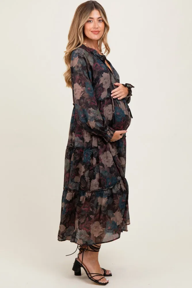 Black Floral Chiffon Ruffle Tiered Maternity Midi Dress sold by Pinkblush product image thumbnail 4