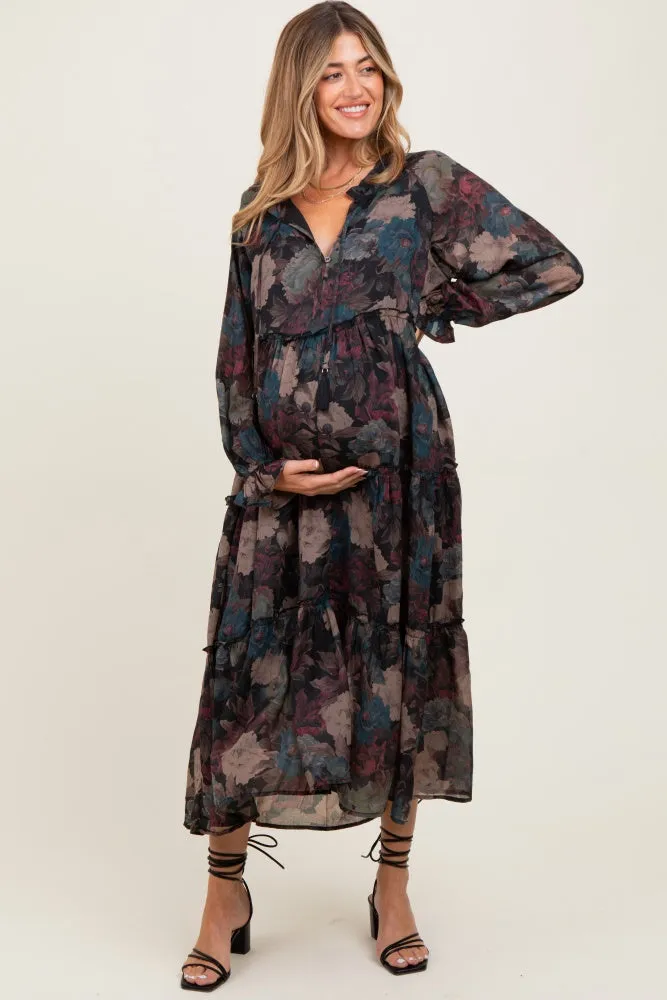Black Floral Chiffon Ruffle Tiered Maternity Midi Dress sold by Pinkblush