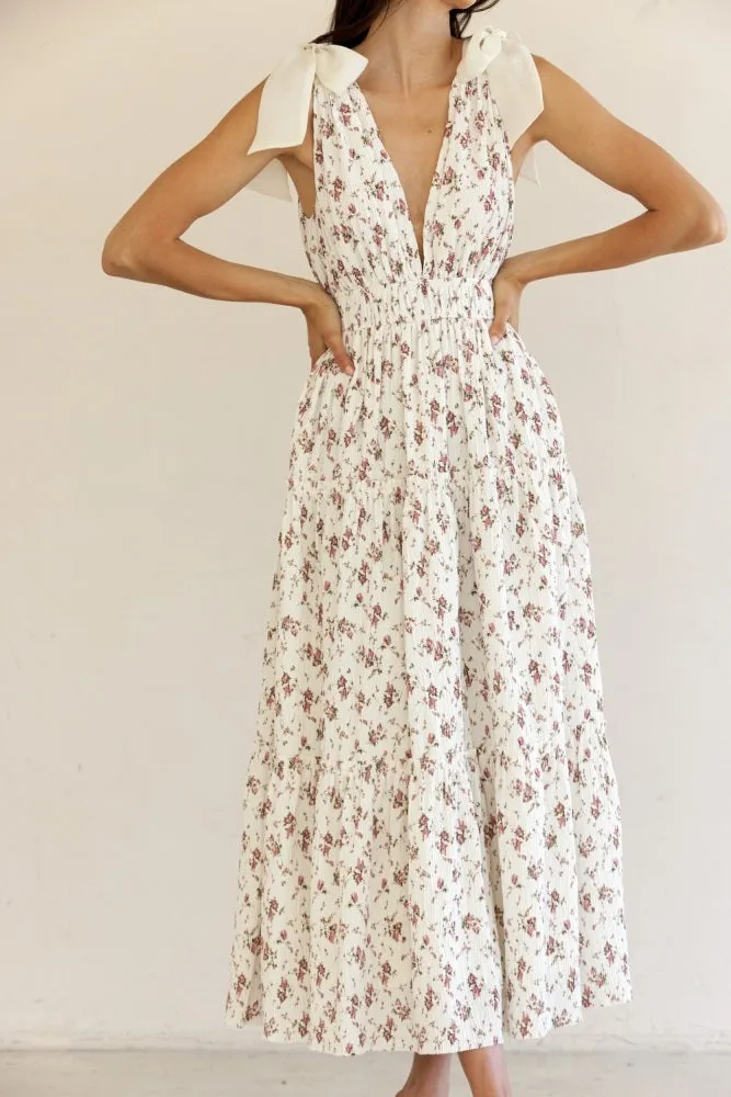 Ivory Floral Deep V-Neck Shoulder Tie Midi Dress sold by Pinkblush product image thumbnail 5