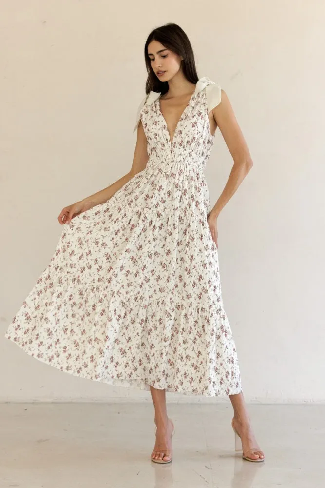 Ivory Floral Deep V-Neck Shoulder Tie Midi Dress sold by Pinkblush product image thumbnail 2