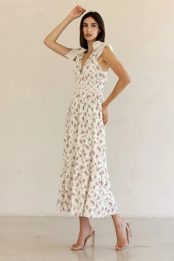 Ivory Floral Deep V-Neck Shoulder Tie Midi Dress sold by Pinkblush product image thumbnail 3