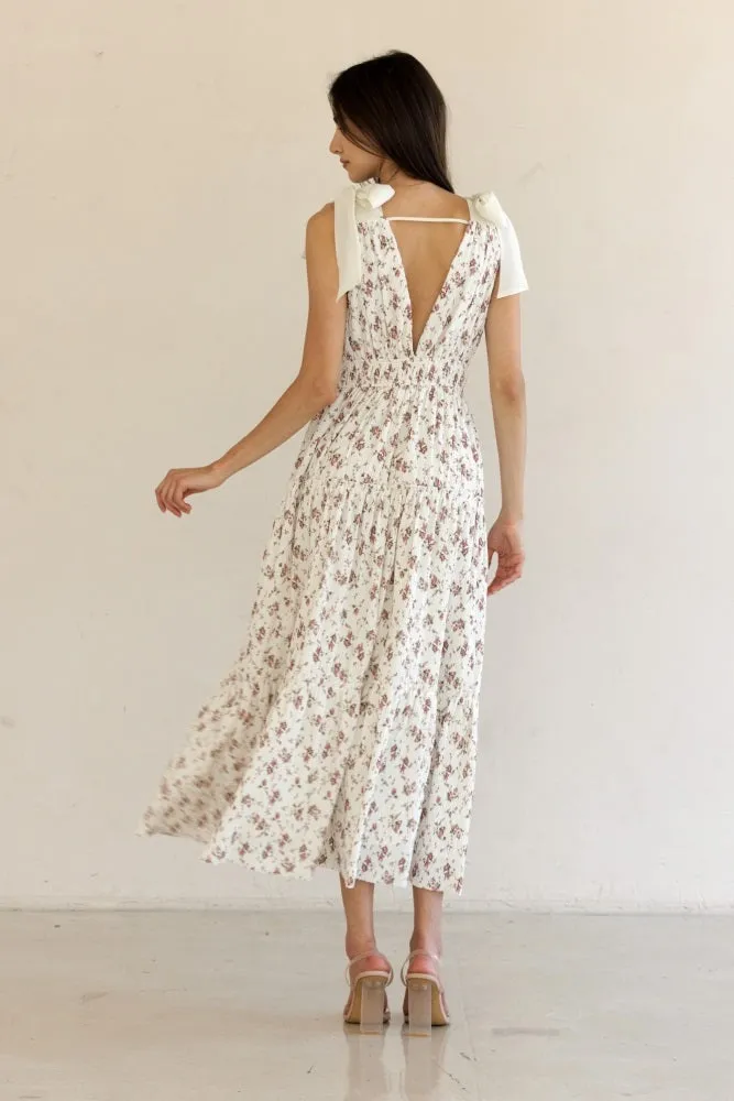 Ivory Floral Deep V-Neck Shoulder Tie Midi Dress sold by Pinkblush product image thumbnail 4