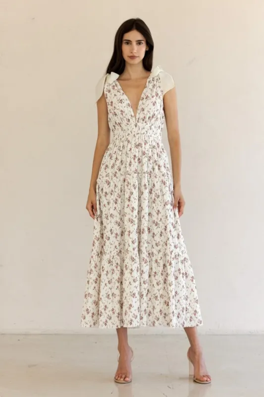 Ivory Floral Deep V-Neck Shoulder Tie Midi Dress sold by Pinkblush