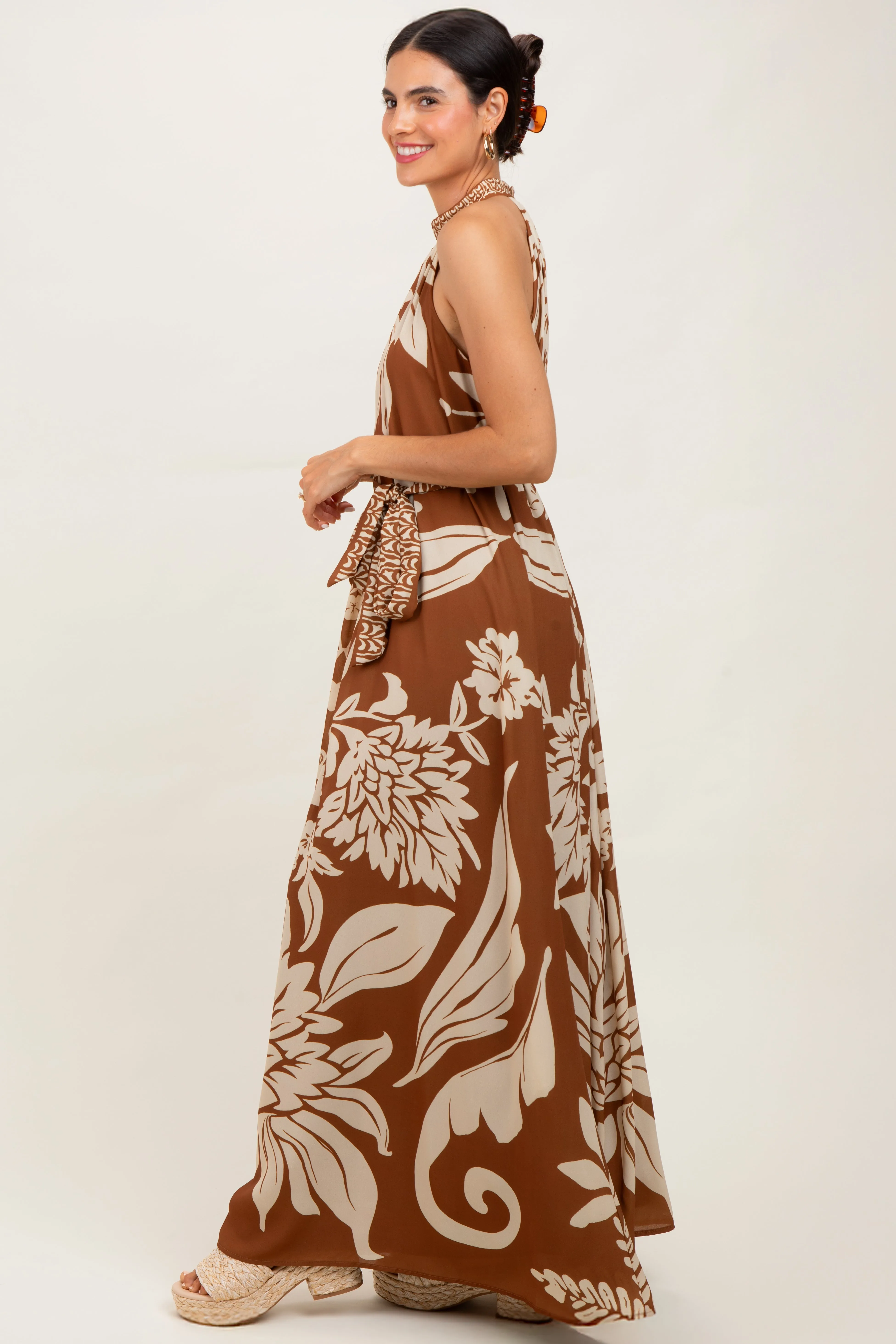 Camel Floral Halter Sleeveless Maxi Dress sold by Pinkblush product image thumbnail 3