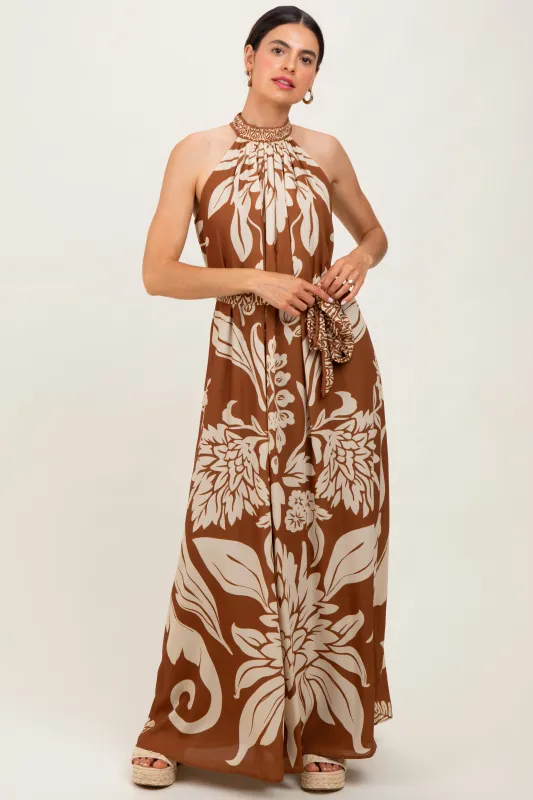 Camel Floral Halter Sleeveless Maxi Dress sold by Pinkblush