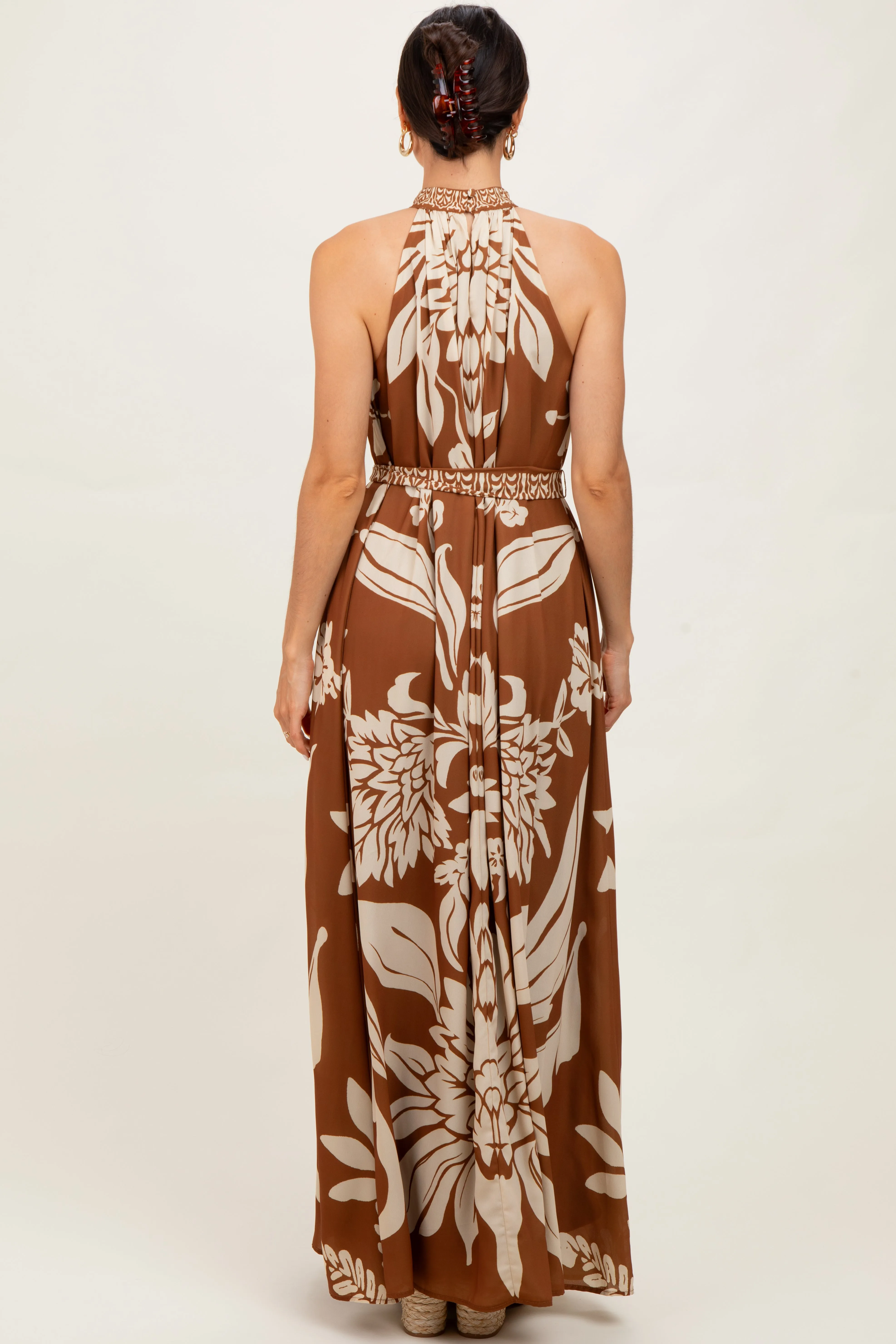 Camel Floral Halter Sleeveless Maxi Dress sold by Pinkblush product image thumbnail 4