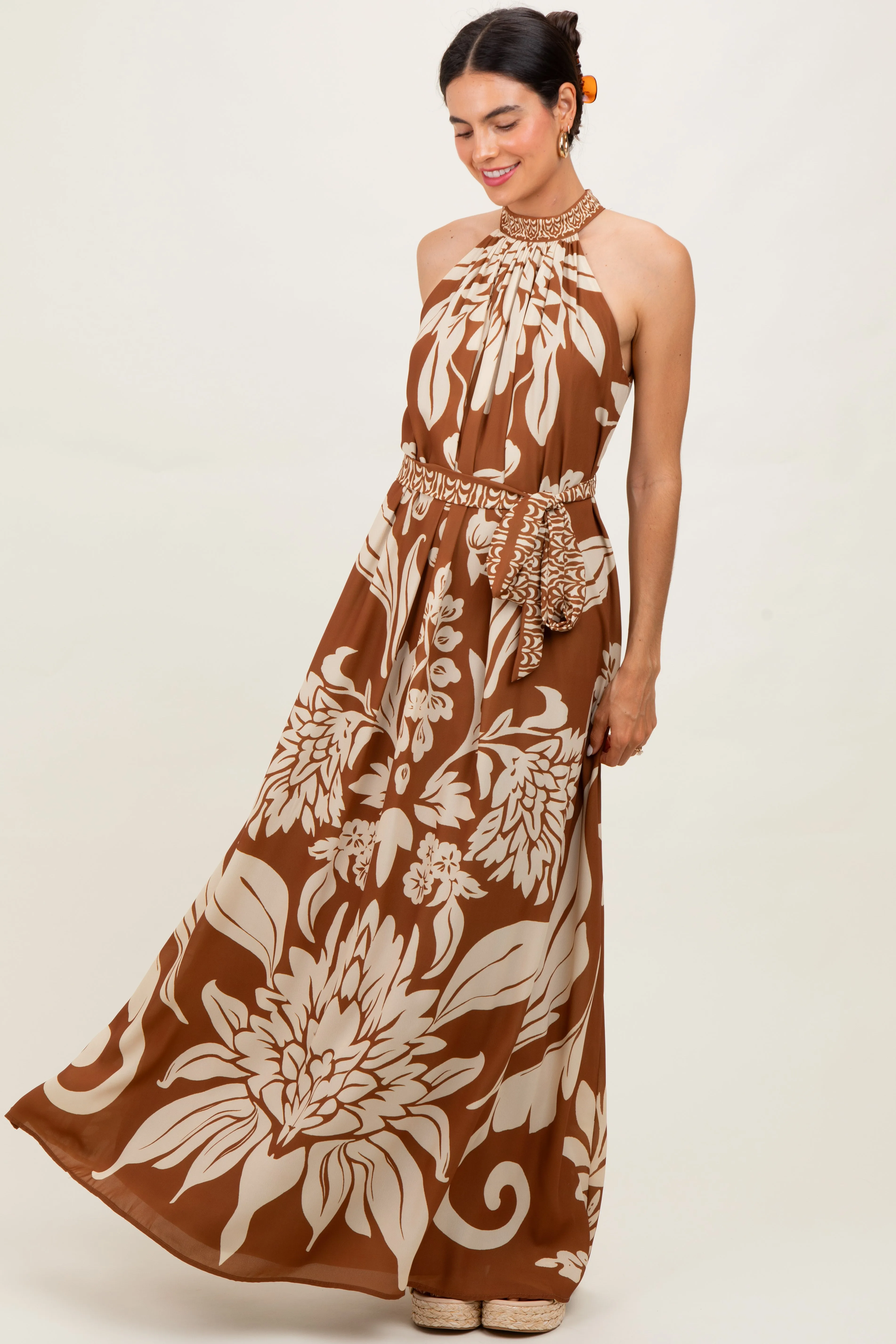 Camel Floral Halter Sleeveless Maxi Dress sold by Pinkblush product image thumbnail 2