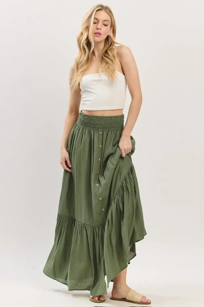 Olive Smocked Waist Button Accent Maxi Skirt sold by Pinkblush