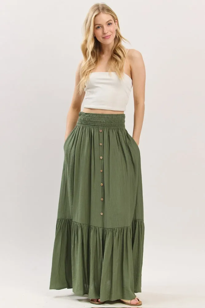 Olive Smocked Waist Button Accent Maxi Skirt sold by Pinkblush product image thumbnail 2