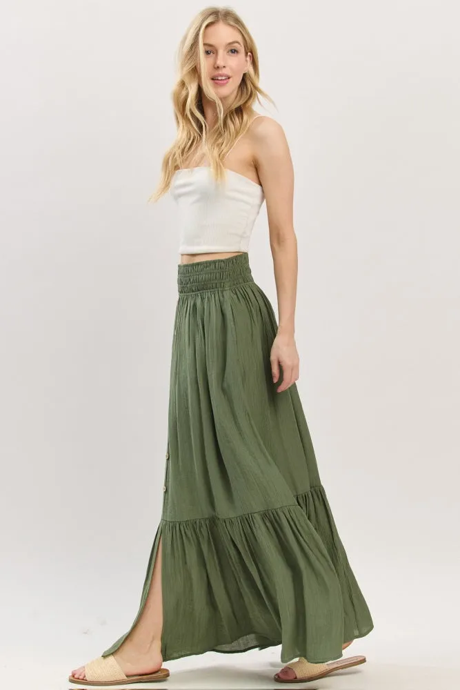 Olive Smocked Waist Button Accent Maxi Skirt sold by Pinkblush product image thumbnail 3