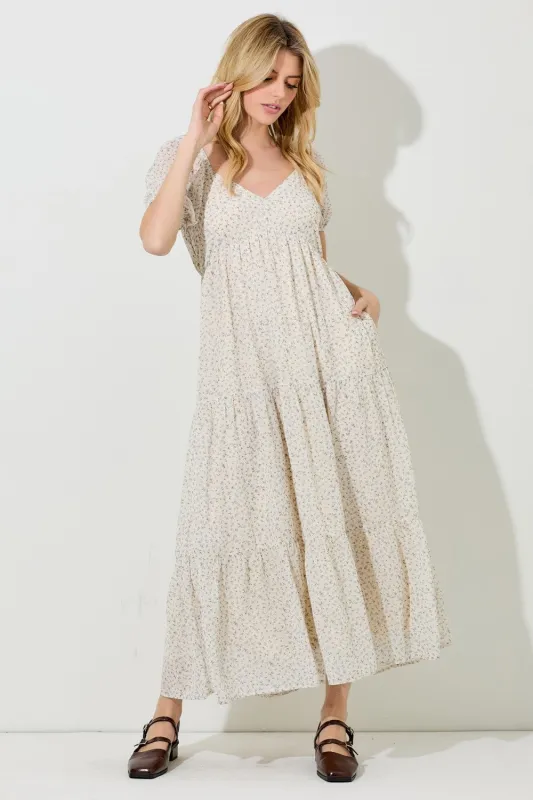 Cream Floral Chiffon Tiered Maxi Dress sold by Pinkblush