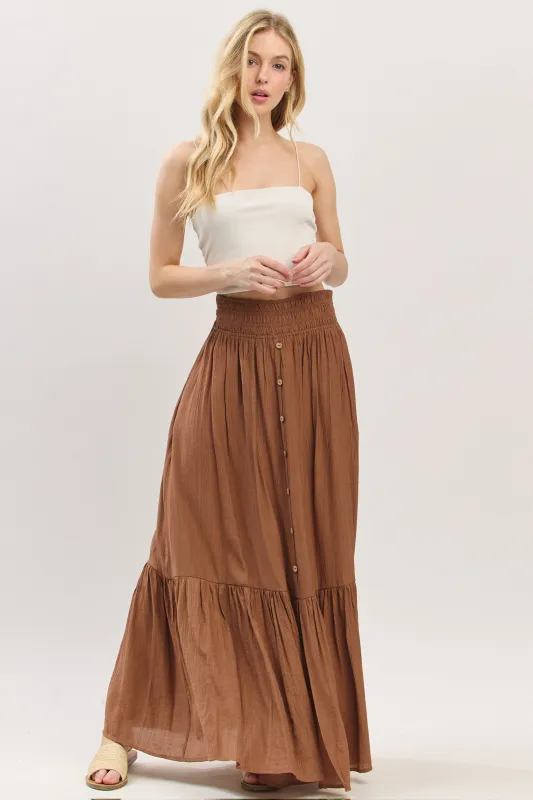 Mocha Smocked Waist Button Accent Maxi Skirt sold by Pinkblush