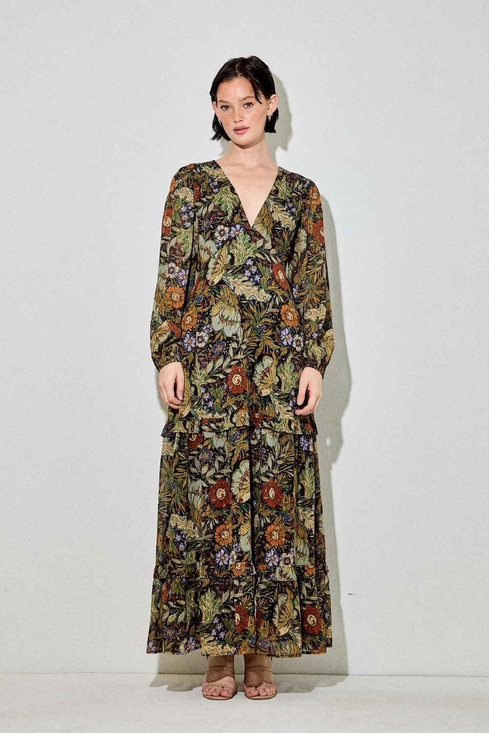 Black Floral Chiffon V-Neck Long Sleeve Maxi Dress sold by Pinkblush