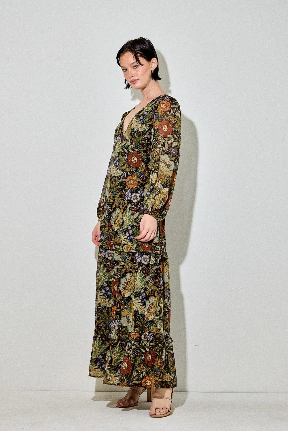 Black Floral Chiffon V-Neck Long Sleeve Maxi Dress sold by Pinkblush product image thumbnail 2