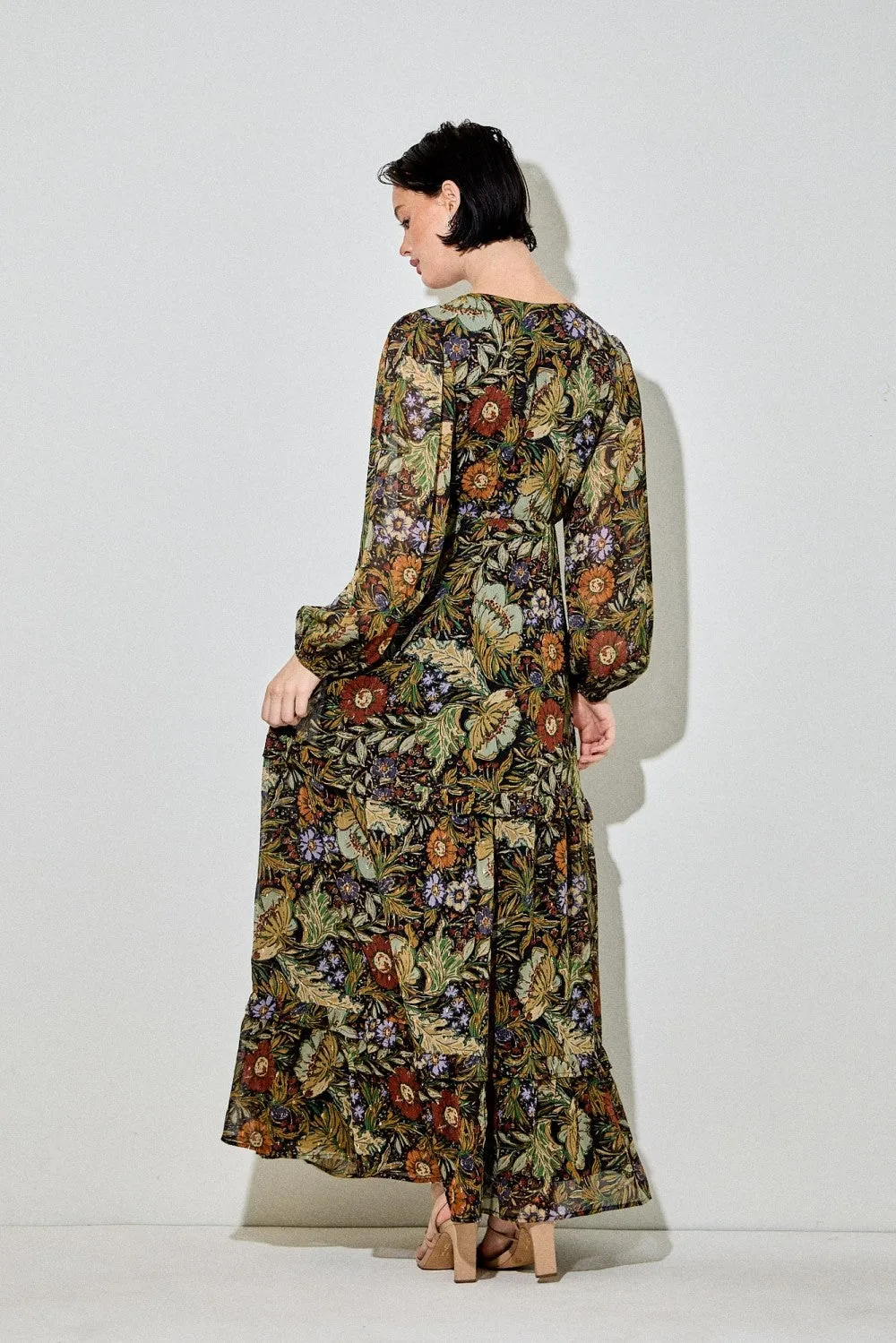 Black Floral Chiffon V-Neck Long Sleeve Maxi Dress sold by Pinkblush product image thumbnail 3
