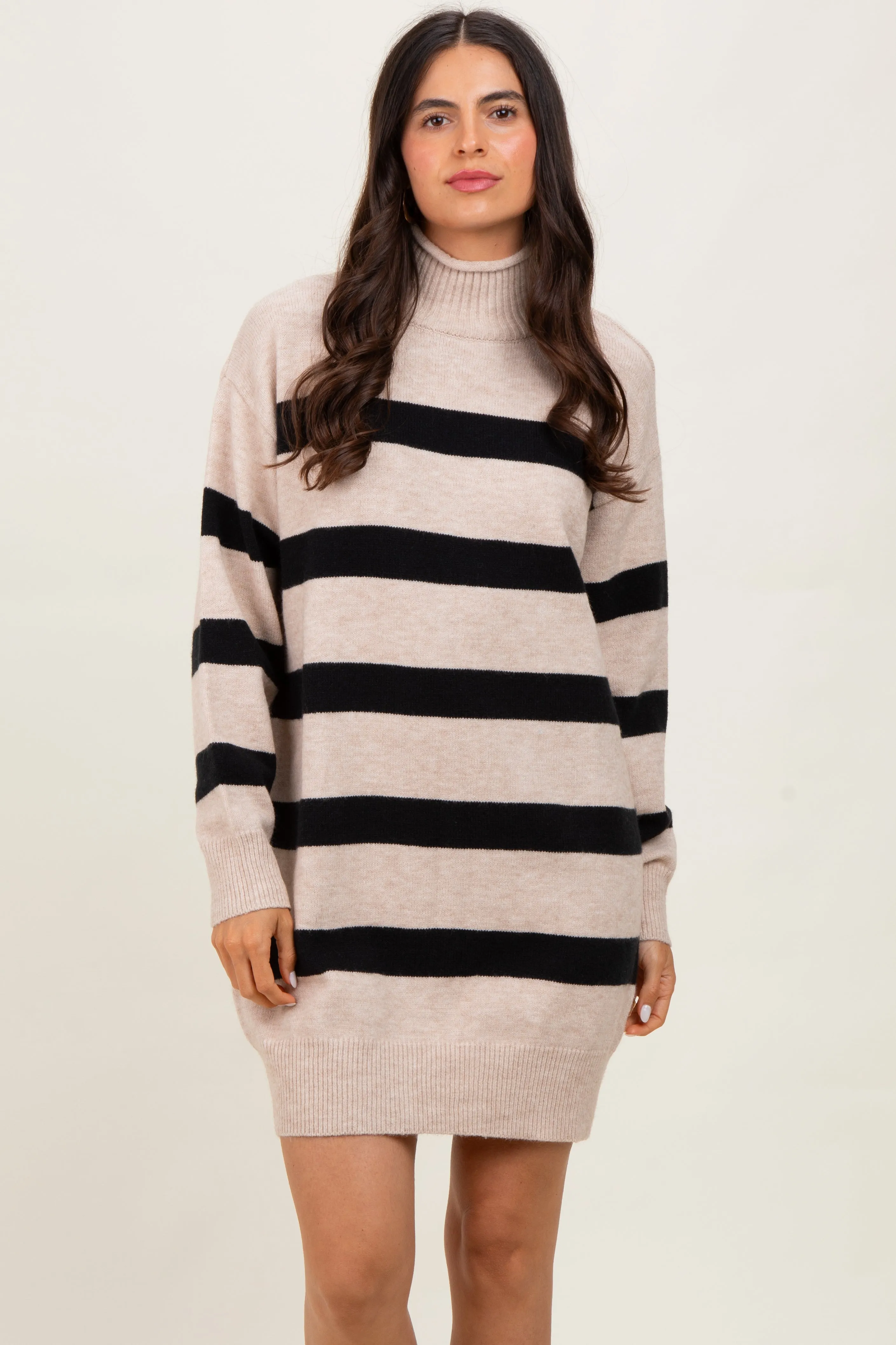 Beige Striped Knit Turtleneck Sweater Dress sold by Pinkblush product image thumbnail 2