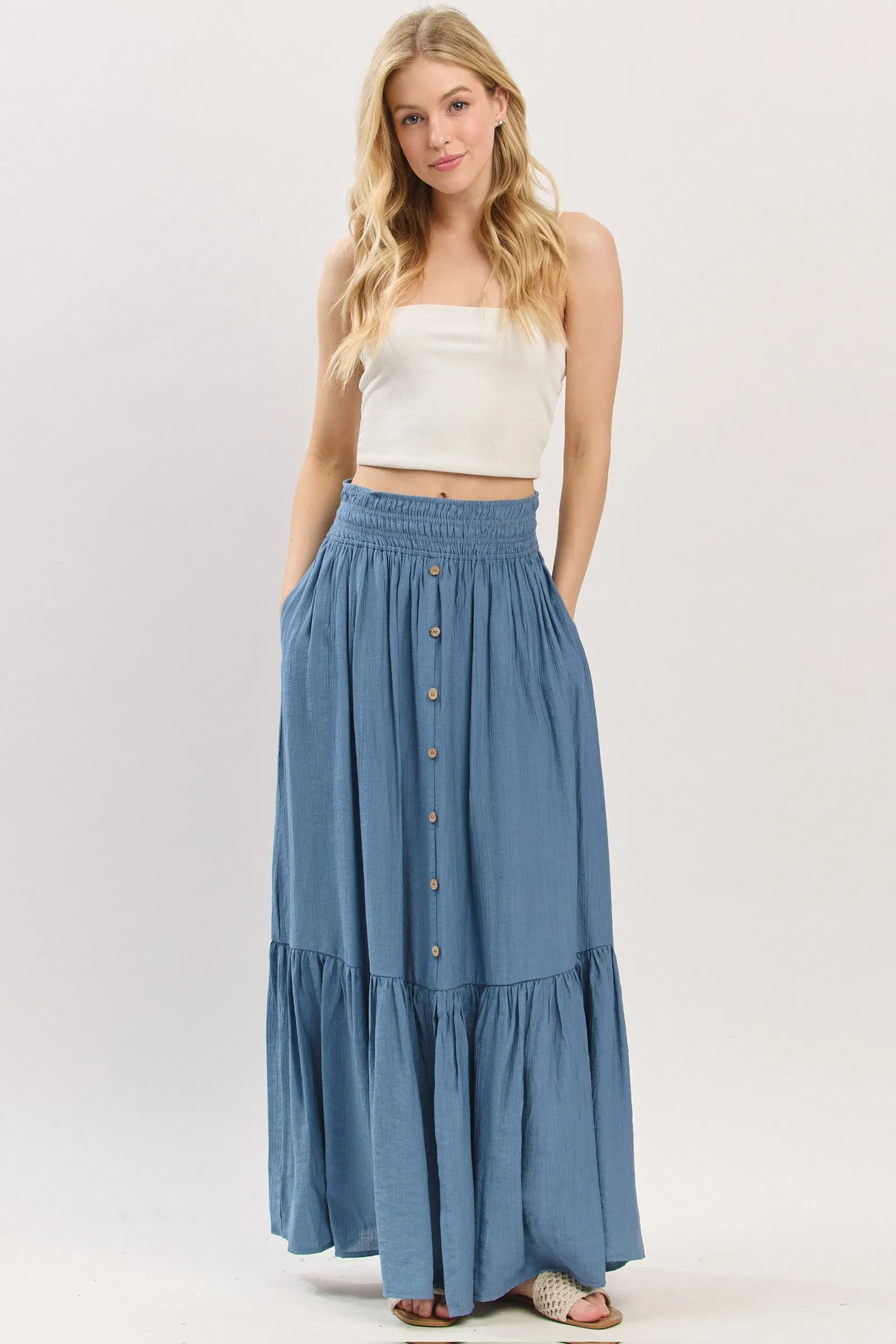 Blue Smocked Waist Button Accent Maxi Skirt sold by Pinkblush product image thumbnail 2