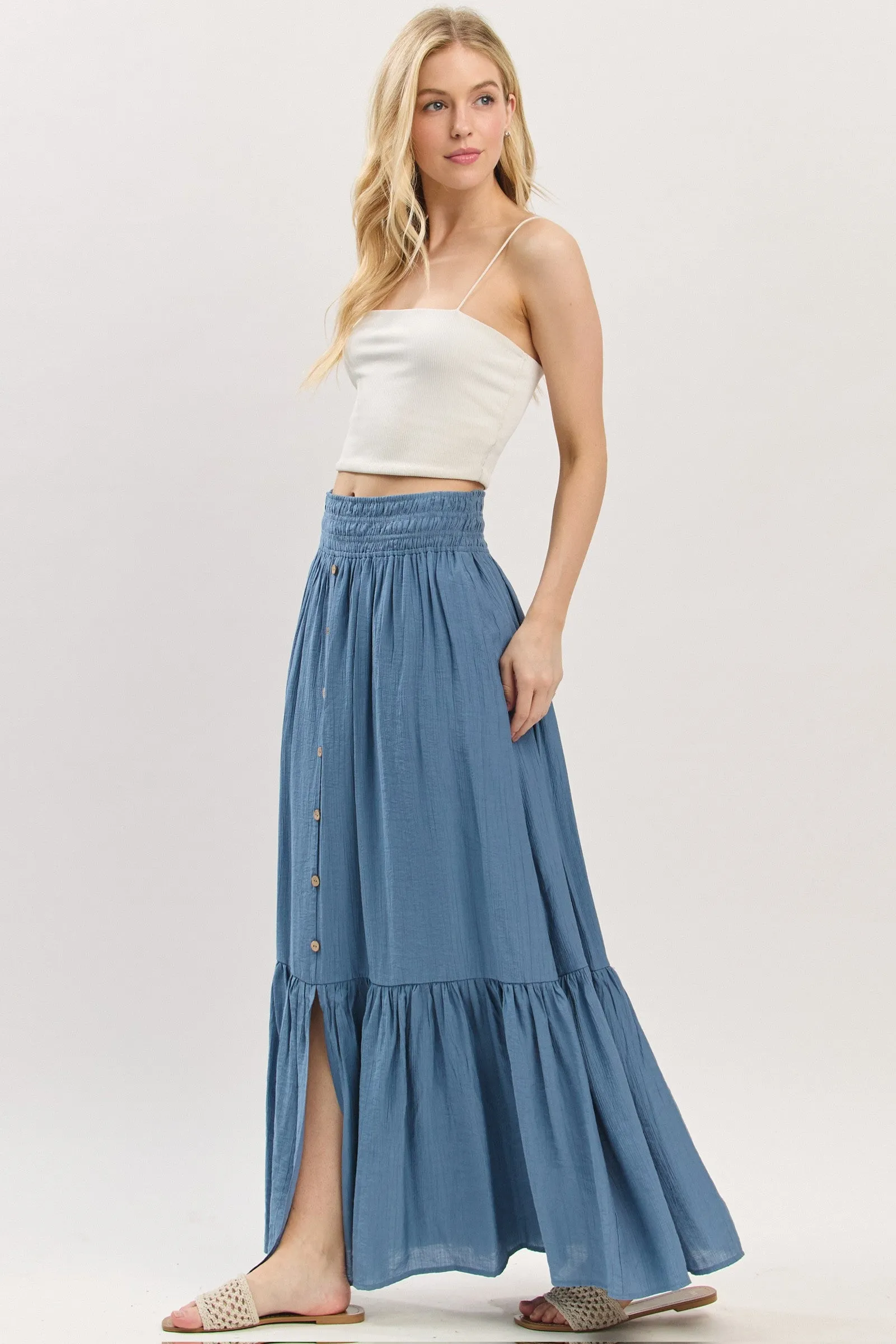Blue Smocked Waist Button Accent Maxi Skirt sold by Pinkblush product image thumbnail 3