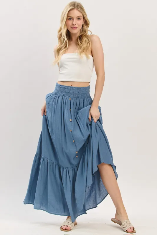 Blue Smocked Waist Button Accent Maxi Skirt sold by Pinkblush