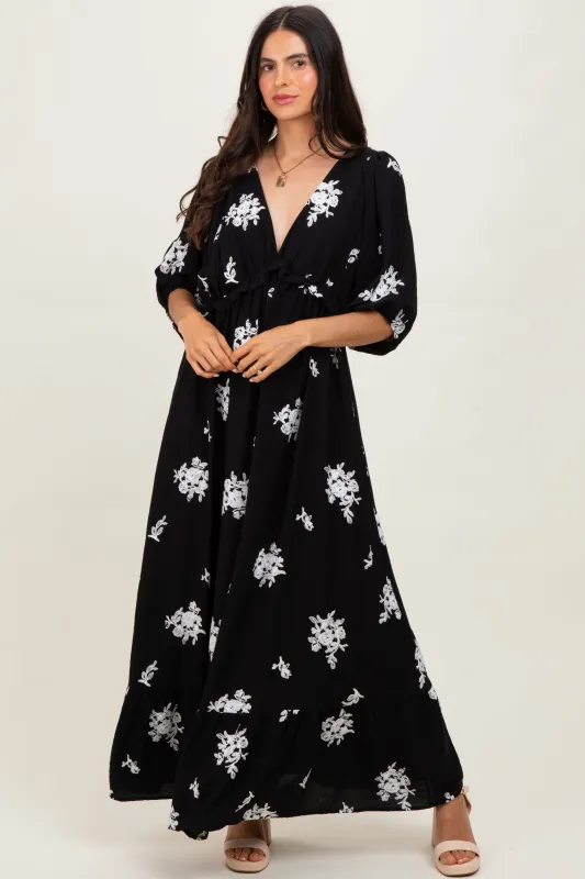 Black Vintage Floral Embroidered V-Neck 3/4 Sleeve Maxi Dress sold by Pinkblush