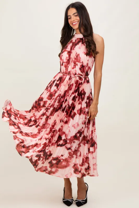 Red Floral Pleated Halter Midi Dress sold by Pinkblush