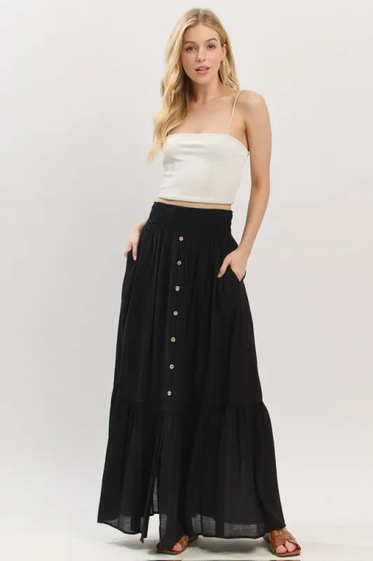 Black Smocked Waist Button Accent Maxi Skirt sold by Pinkblush