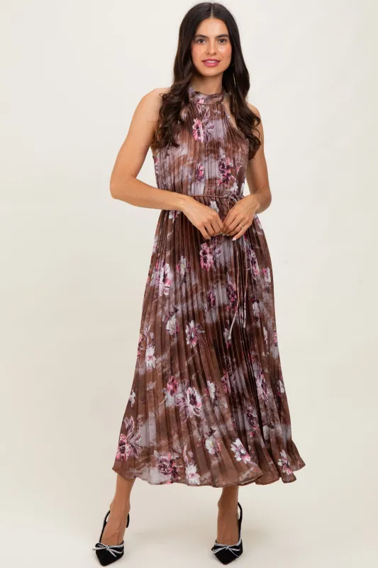 Brown Floral Pleated Halter Midi Dress sold by Pinkblush