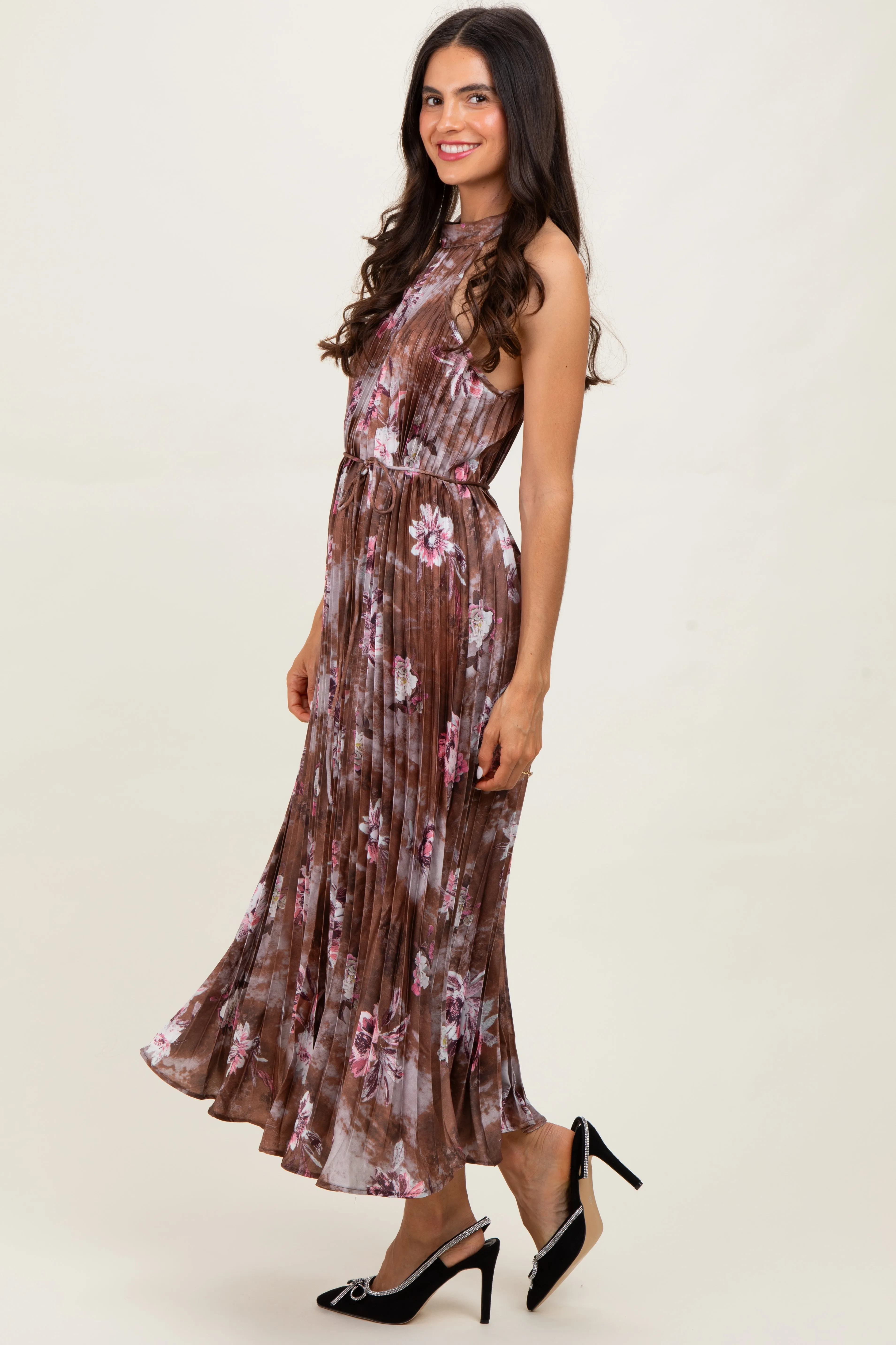 Brown Floral Pleated Halter Midi Dress sold by Pinkblush product image thumbnail 2