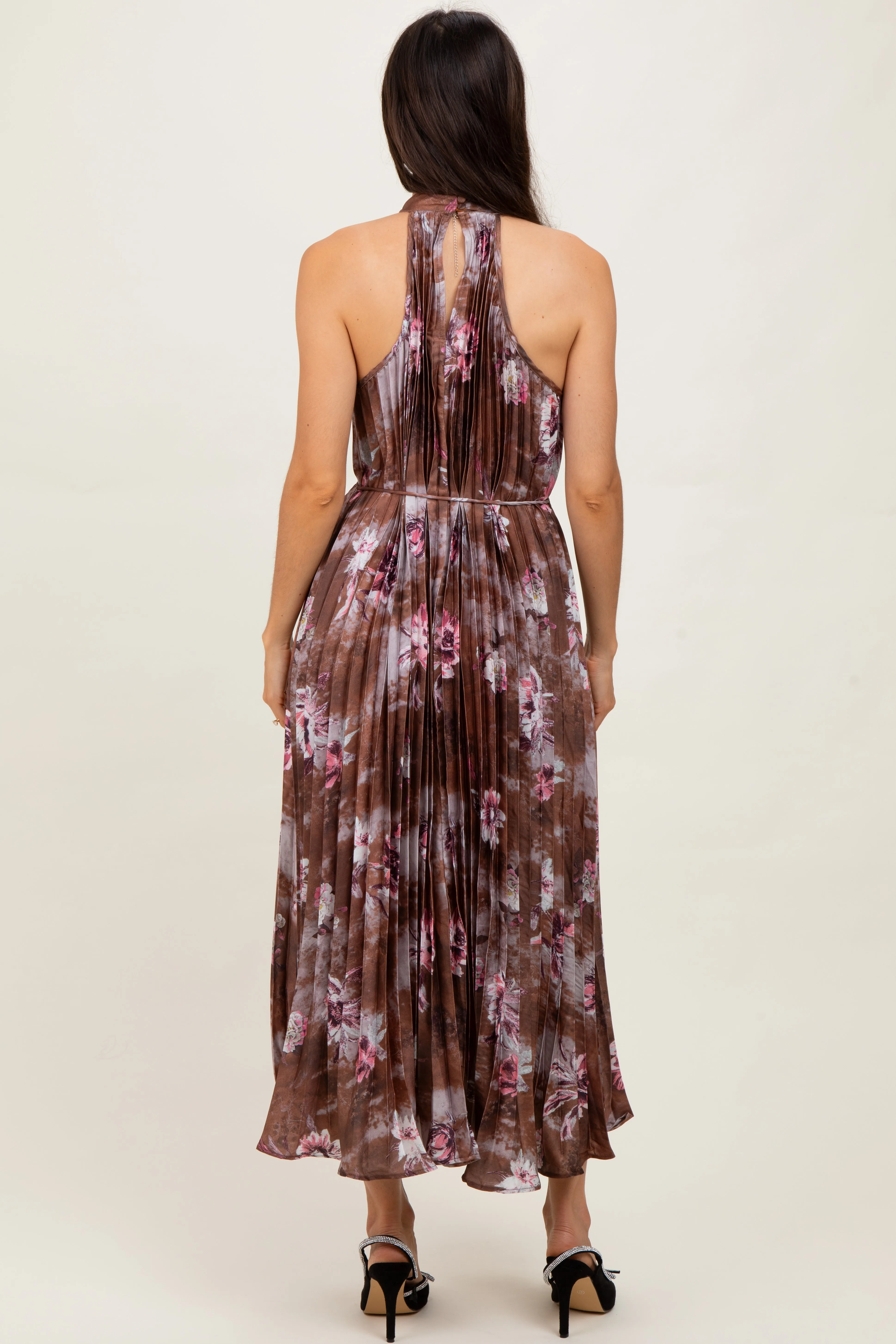 Brown Floral Pleated Halter Midi Dress sold by Pinkblush product image thumbnail 3