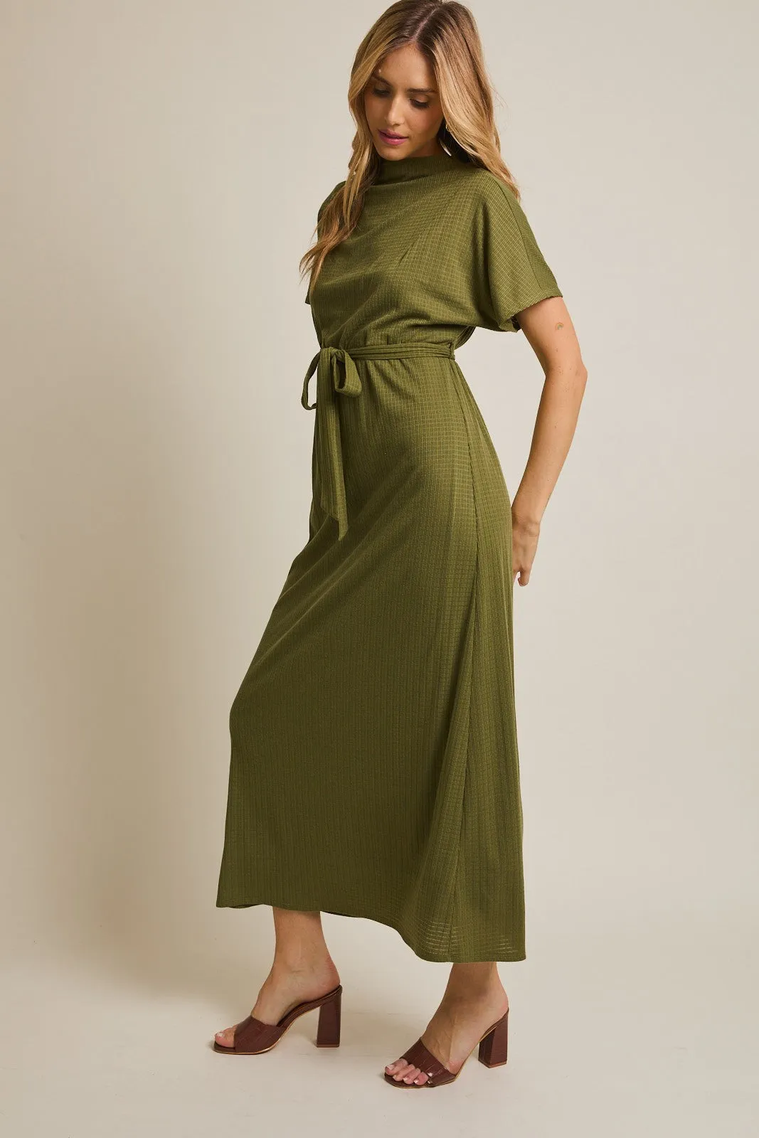 Olive Plaid Draped Neckline Sash Tie Maxi Dress sold by Pinkblush product image thumbnail 3