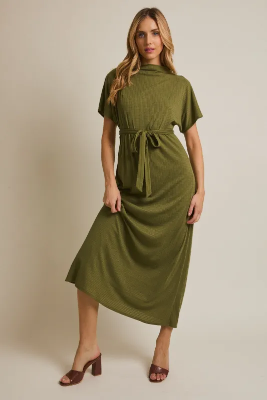 Olive Plaid Draped Neckline Sash Tie Maxi Dress sold by Pinkblush