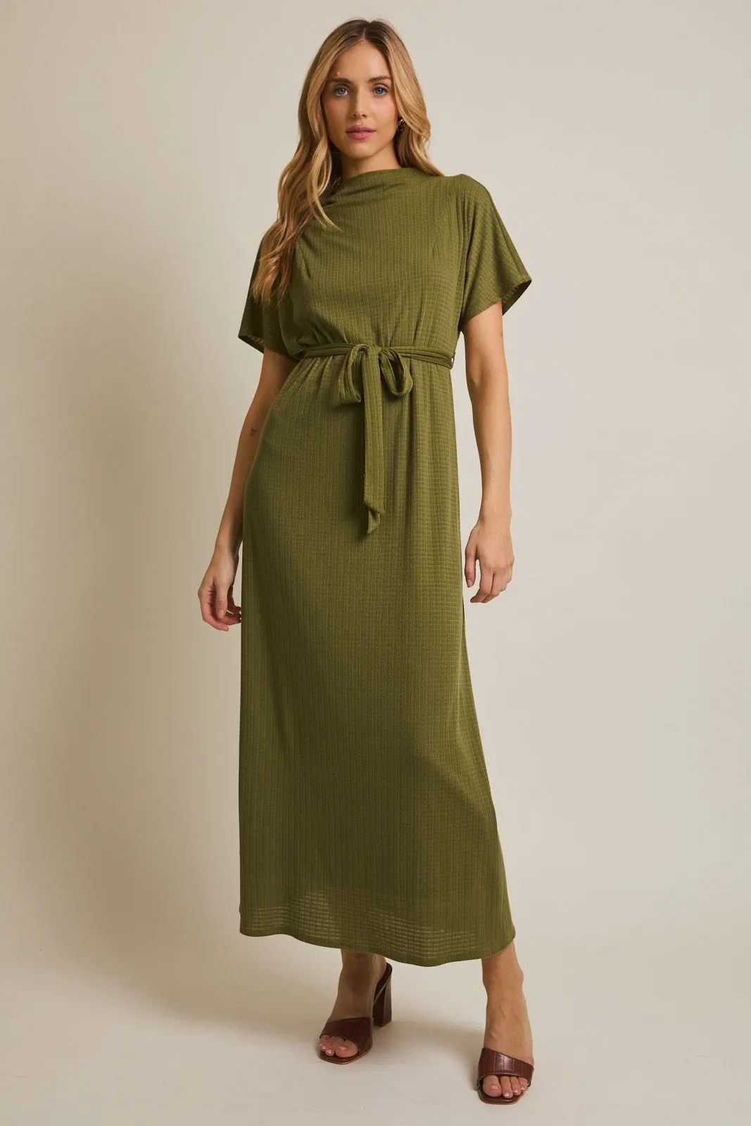 Olive Plaid Draped Neckline Sash Tie Maxi Dress sold by Pinkblush product image thumbnail 2