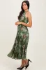 Olive Floral Pleated Halter Midi Dress sold by Pinkblush