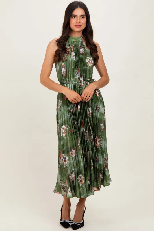 Olive Floral Pleated Halter Midi Dress sold by Pinkblush