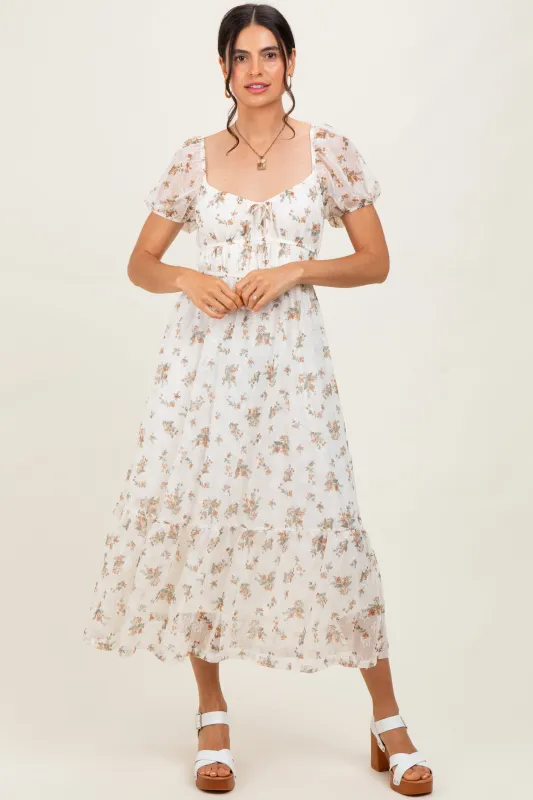 Ivory Floral Lace Overlay Puff Sleeve Midi Dress sold by Pinkblush