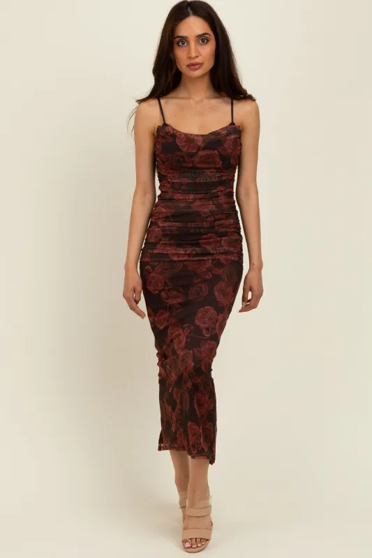 Brown Rose Print Mesh Overlay Ruched Midi Dress sold by Pinkblush
