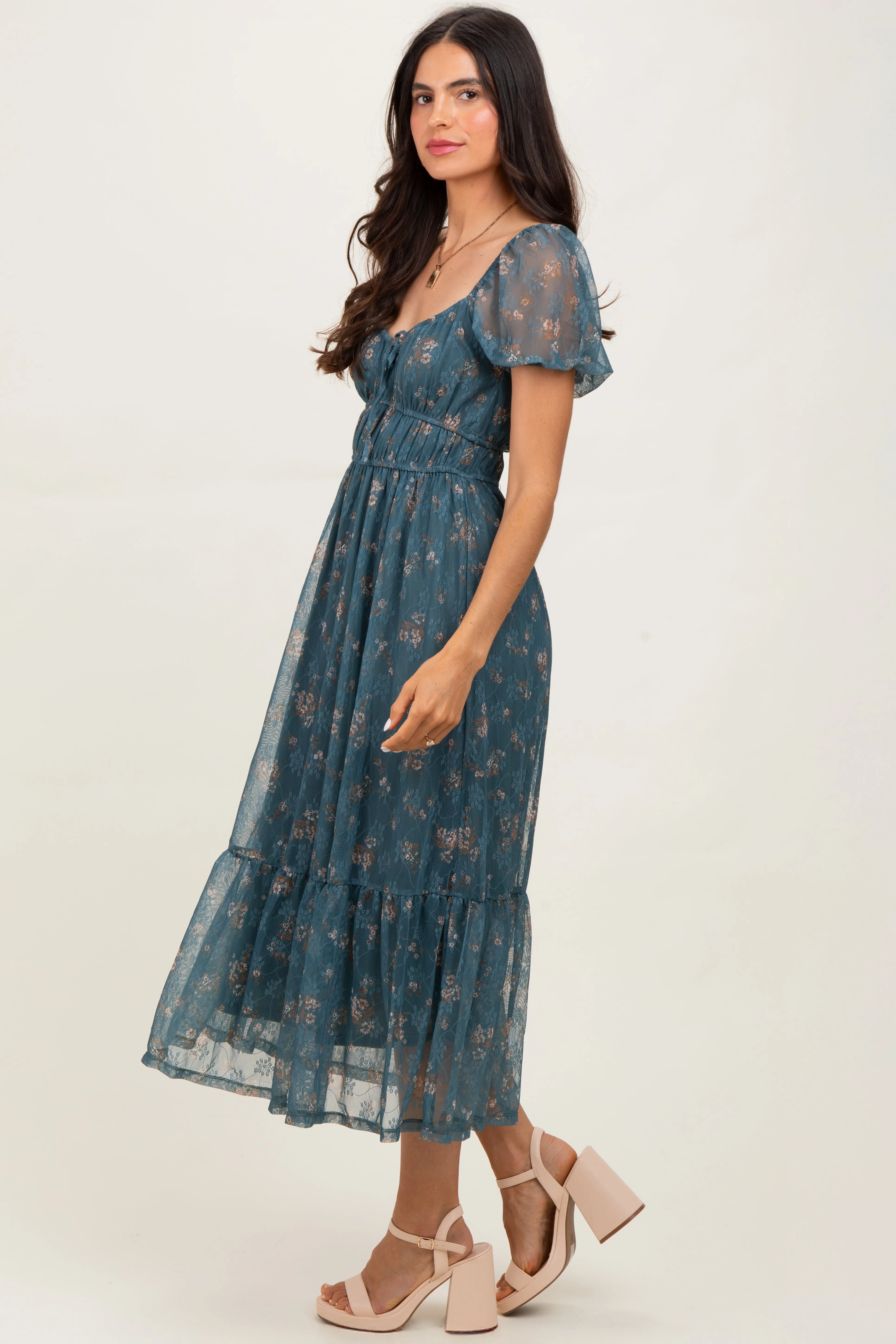 Deep Teal Floral Lace Overlay Puff Sleeve Midi Dress sold by Pinkblush product image thumbnail 3