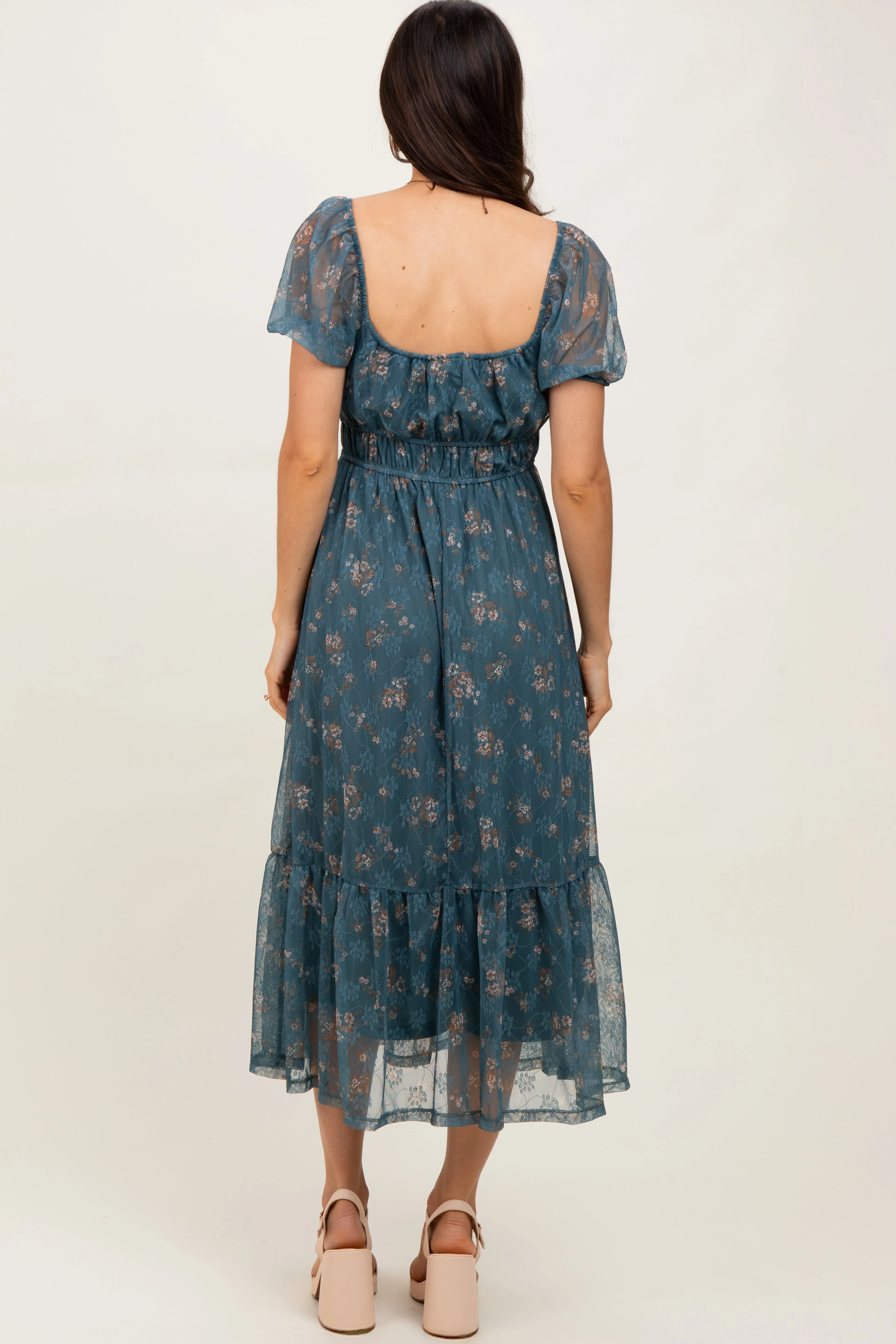 Deep Teal Floral Lace Overlay Puff Sleeve Midi Dress sold by Pinkblush product image thumbnail 4