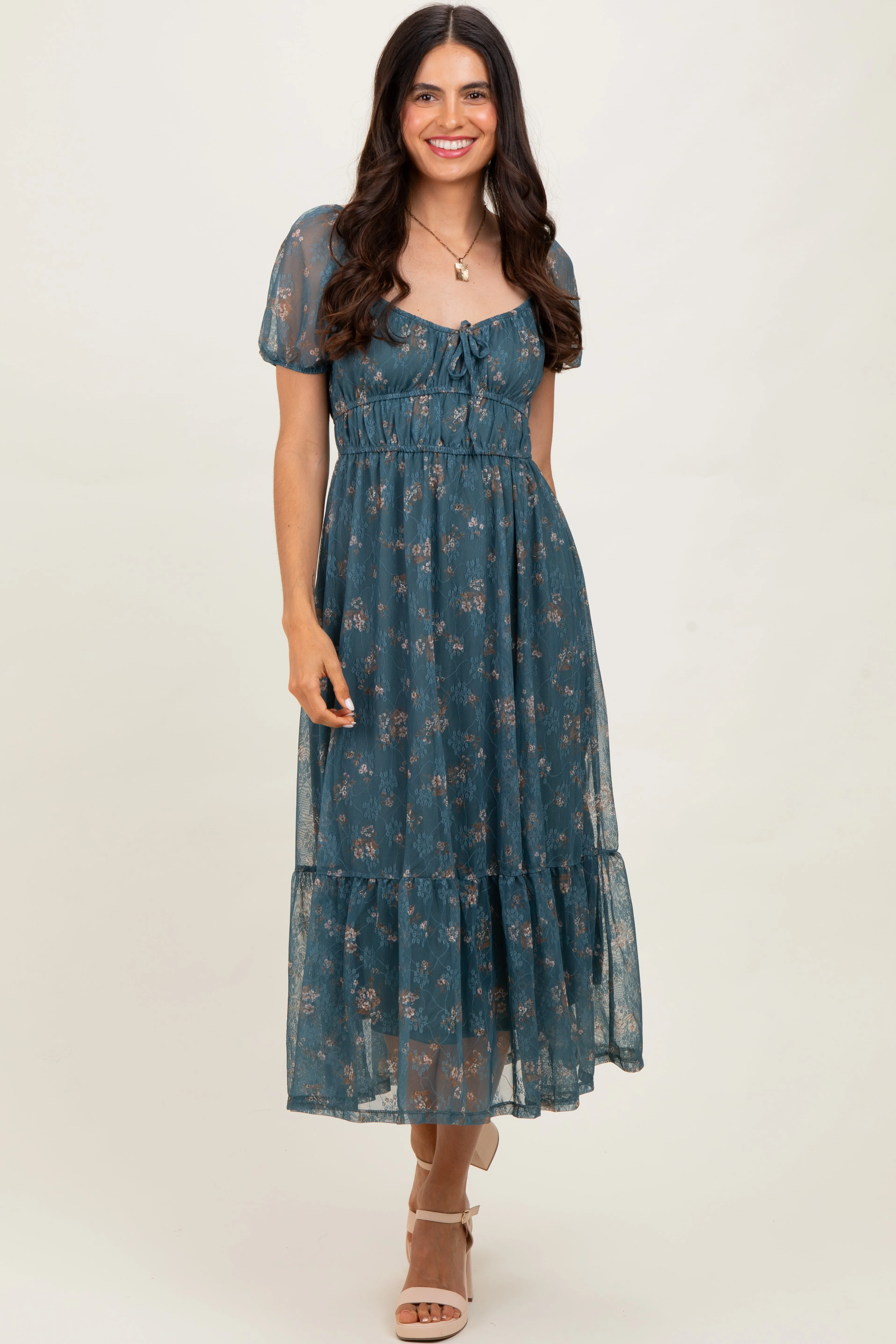 Deep Teal Floral Lace Overlay Puff Sleeve Midi Dress sold by Pinkblush product image thumbnail 2