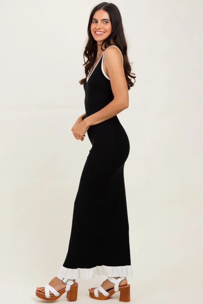 Black Knit V-Neck Contrast Ruffle Hem Maxi Dress sold by Pinkblush product image thumbnail 3