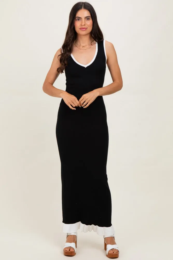 Black Knit V-Neck Contrast Ruffle Hem Maxi Dress sold by Pinkblush