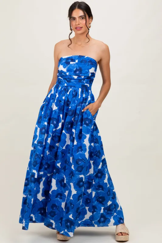 Royal Blue Floral Strapless Maxi Dress sold by Pinkblush