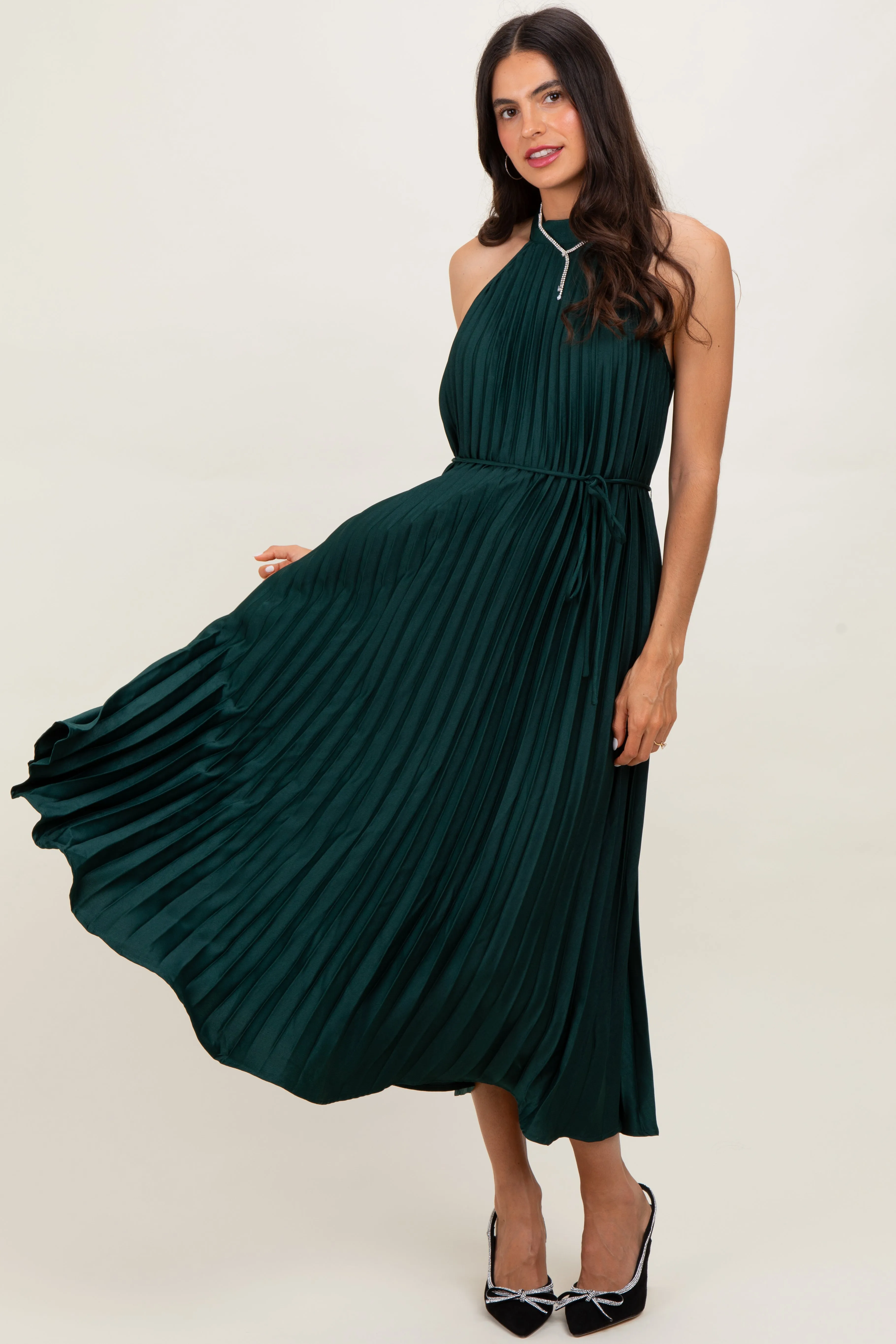 Forest Green Pleated Halter Dress sold by Pinkblush product image thumbnail 2