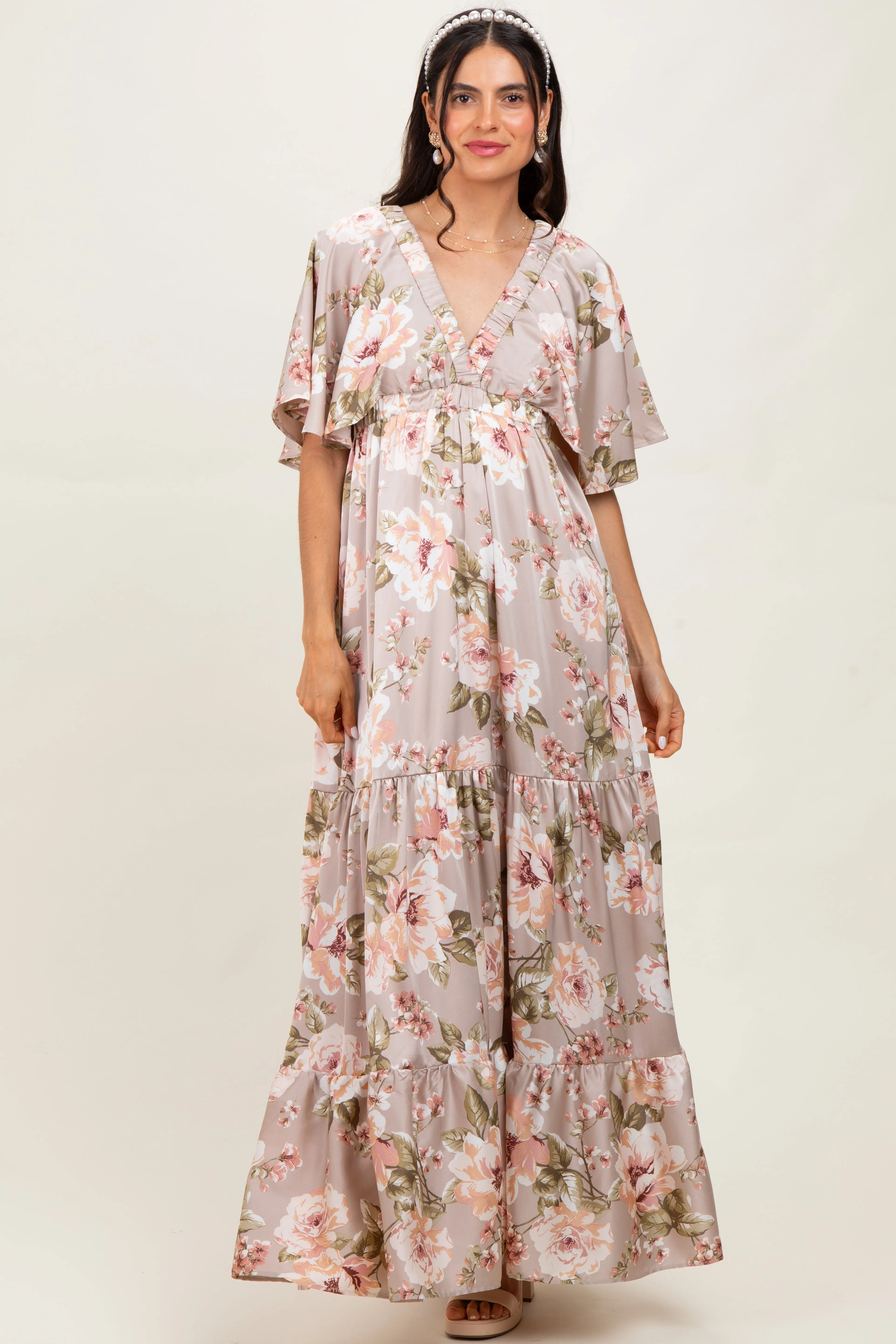 Taupe Floral Print Elbow Sleeve V-Neck Tiered Maxi Dress sold by Pinkblush product image thumbnail 2