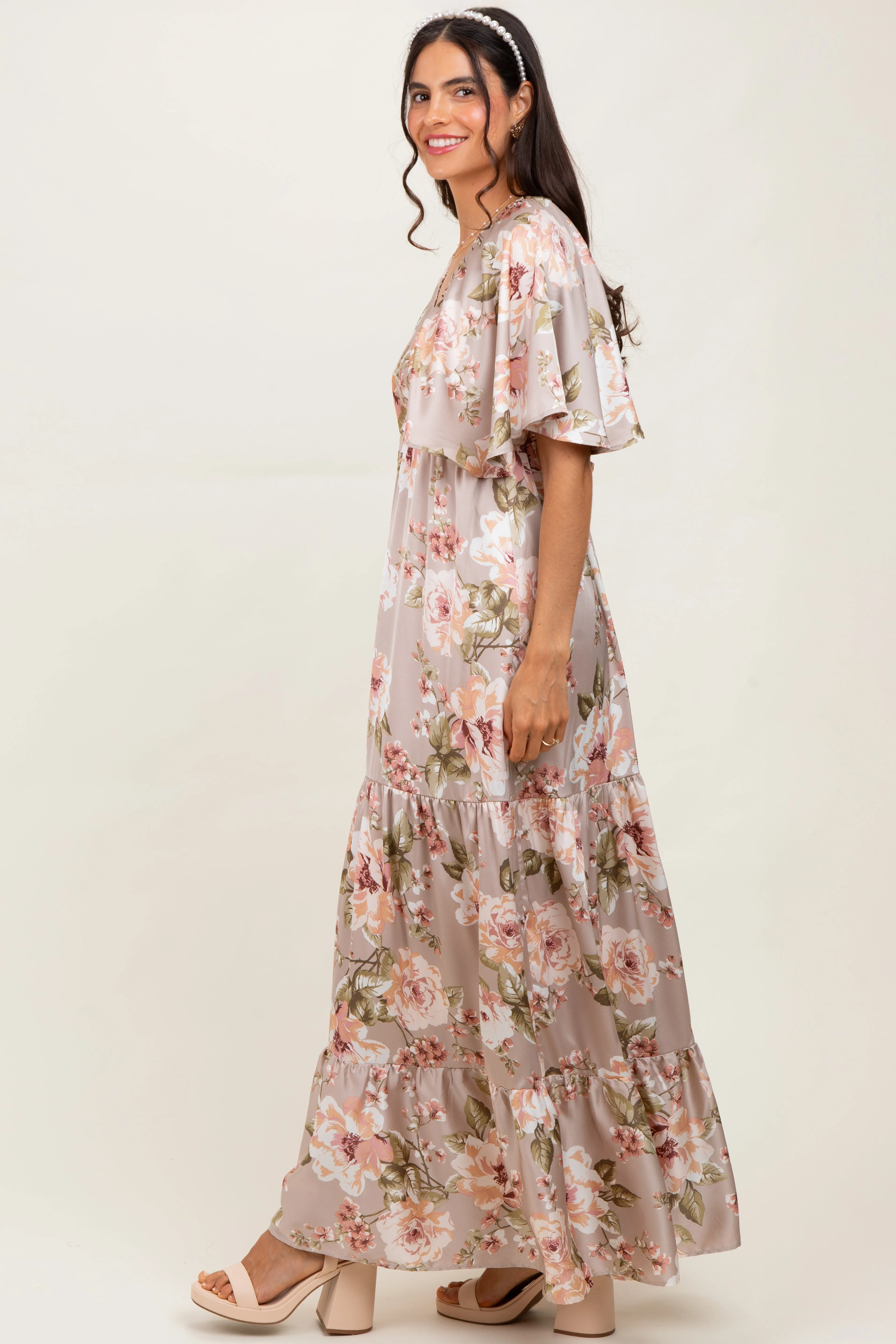 Taupe Floral Print Elbow Sleeve V-Neck Tiered Maxi Dress sold by Pinkblush product image thumbnail 3