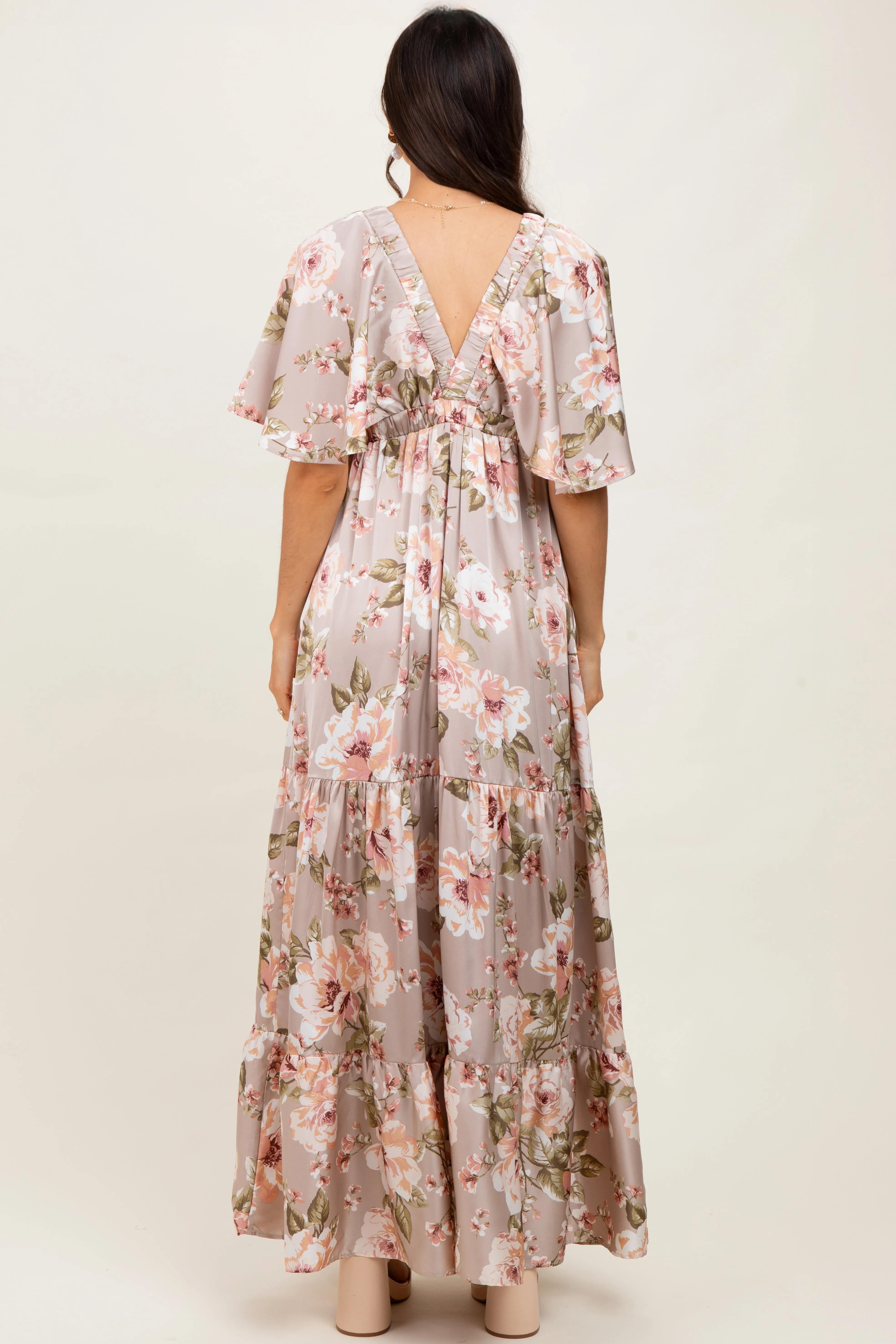 Taupe Floral Print Elbow Sleeve V-Neck Tiered Maxi Dress sold by Pinkblush product image thumbnail 4