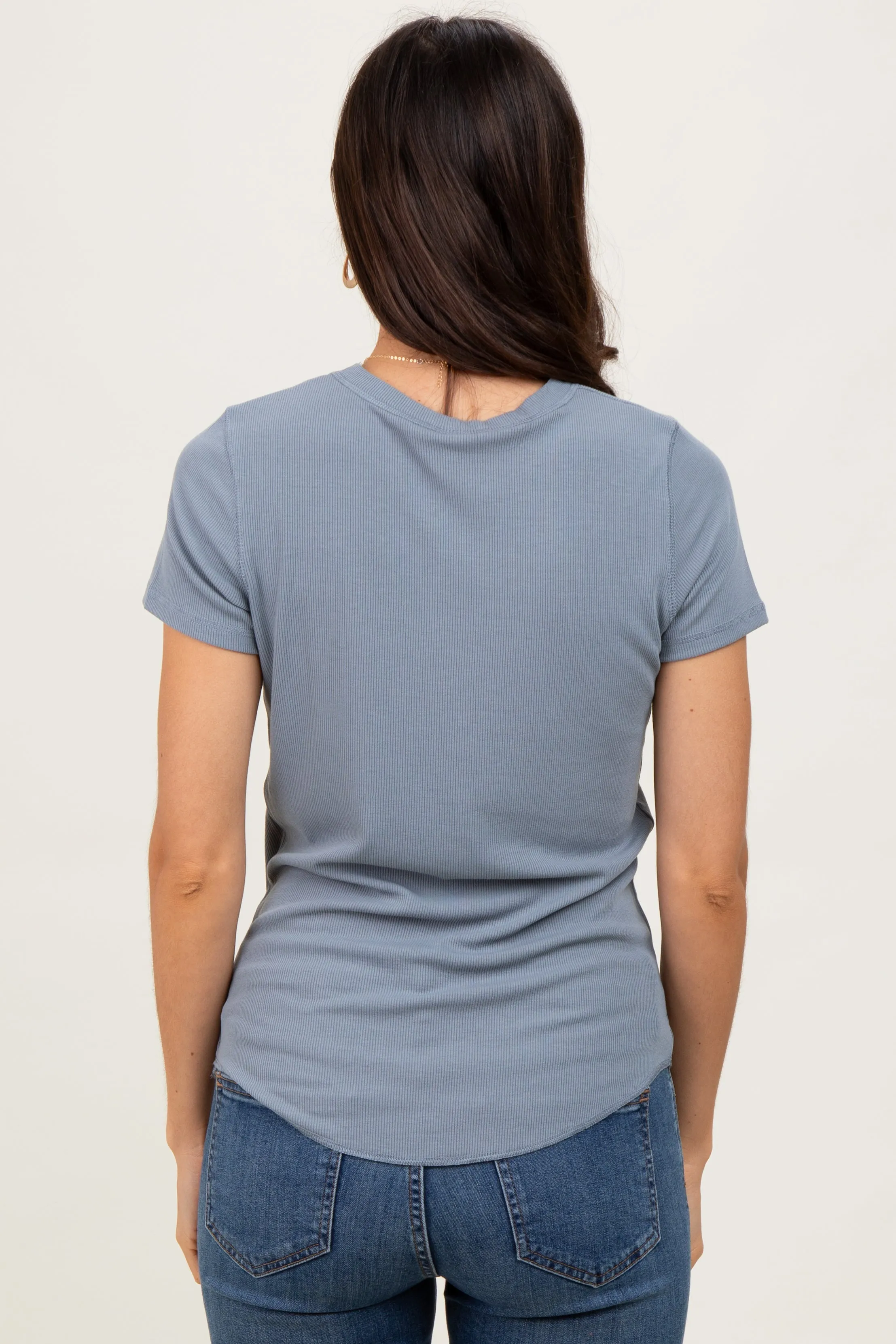 Blue Ribbed Short Sleeve Curved Hem Top sold by Pinkblush product image thumbnail 4