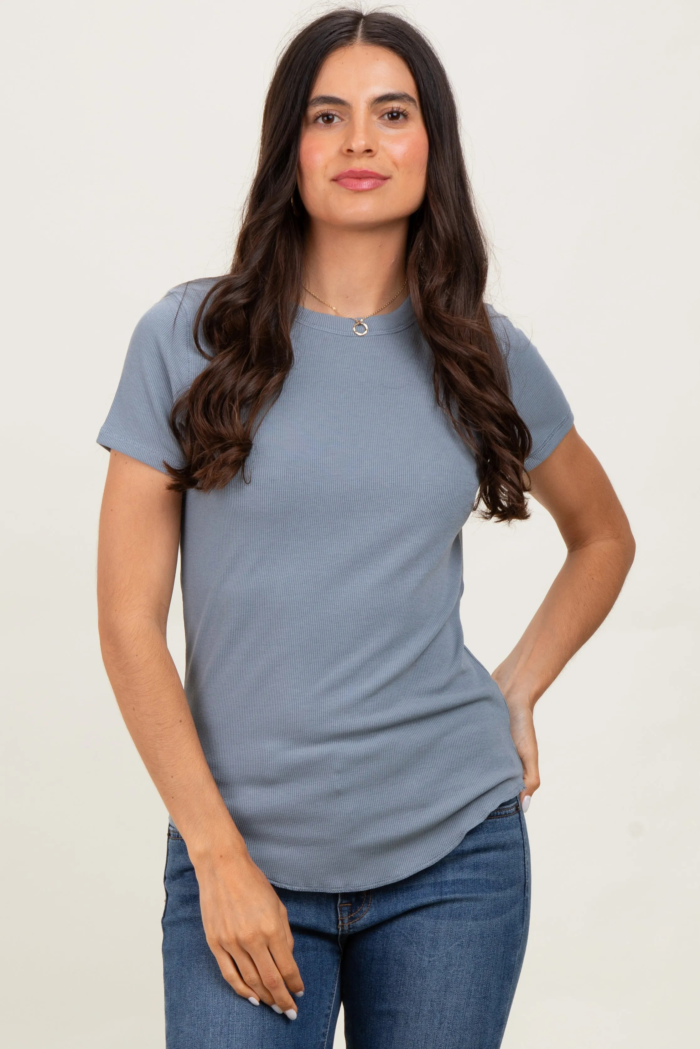 Blue Ribbed Short Sleeve Curved Hem Top sold by Pinkblush