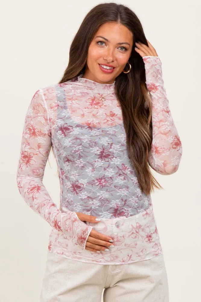Pink Floral Mesh Lace Long Sleeve Maternity Top sold by Pinkblush