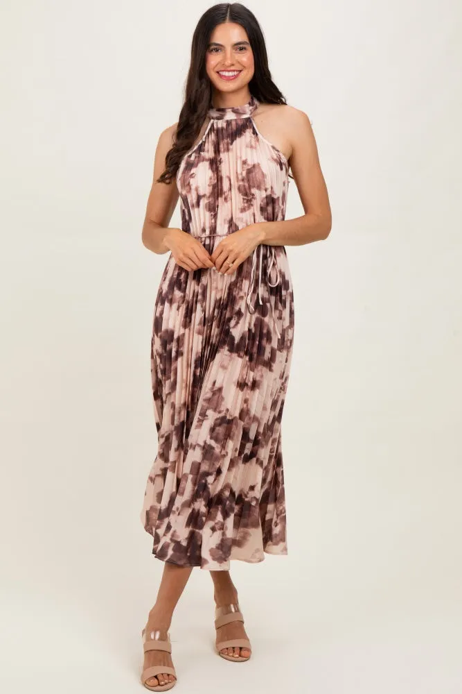 Brown Floral Pleated Halter Midi Dress sold by Pinkblush